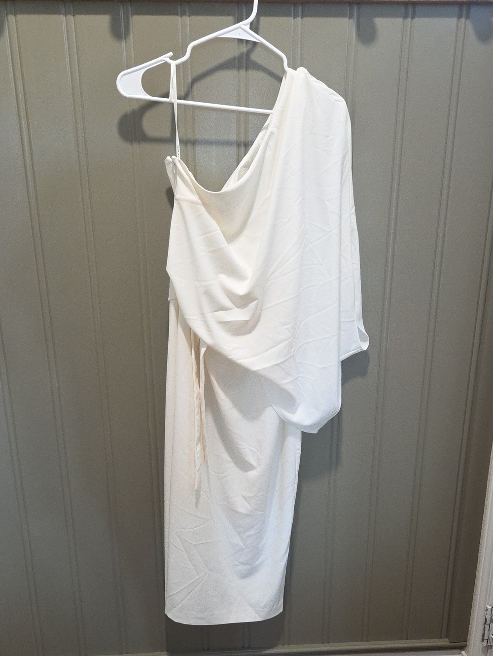 One-Shoulder Ivory Draped Midi Dress